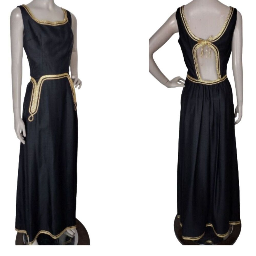 Vintage 30s 40s Rose Williams Black Metallic Gold Trim Formal Party Dress